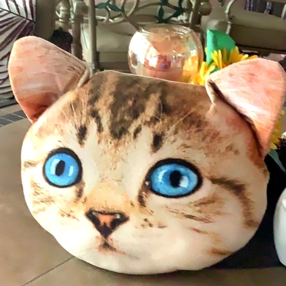 Tabby Cat Pillow beige brown  with blue eyes soft & clean NWOT good gift… - Picture 1 of 5